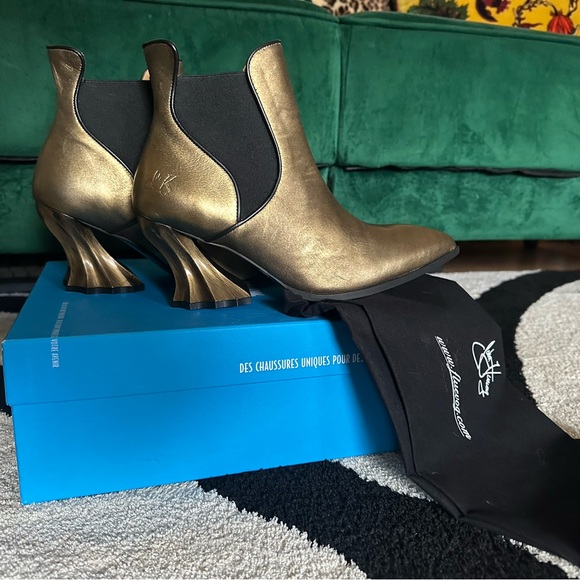 John Fluevog Shoes - John Fluevog Metallic Gold Sculpted-Heel Chelsea Boots